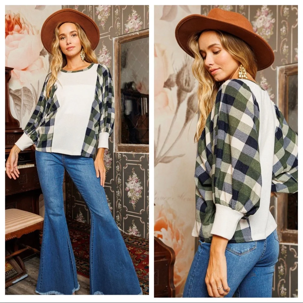 Boho Check Pattern Color Block Balloon Sleeve Top - Picture 1 of 5